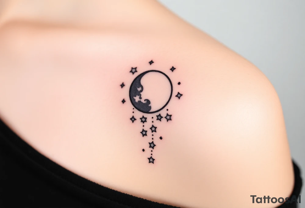 Cascade of stars with moon tattoo idea