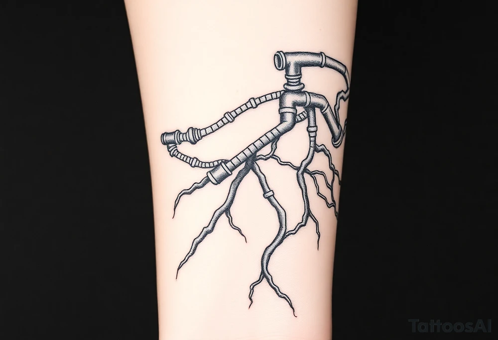 long System of pipes that transitions into veins of forearm tattoo idea