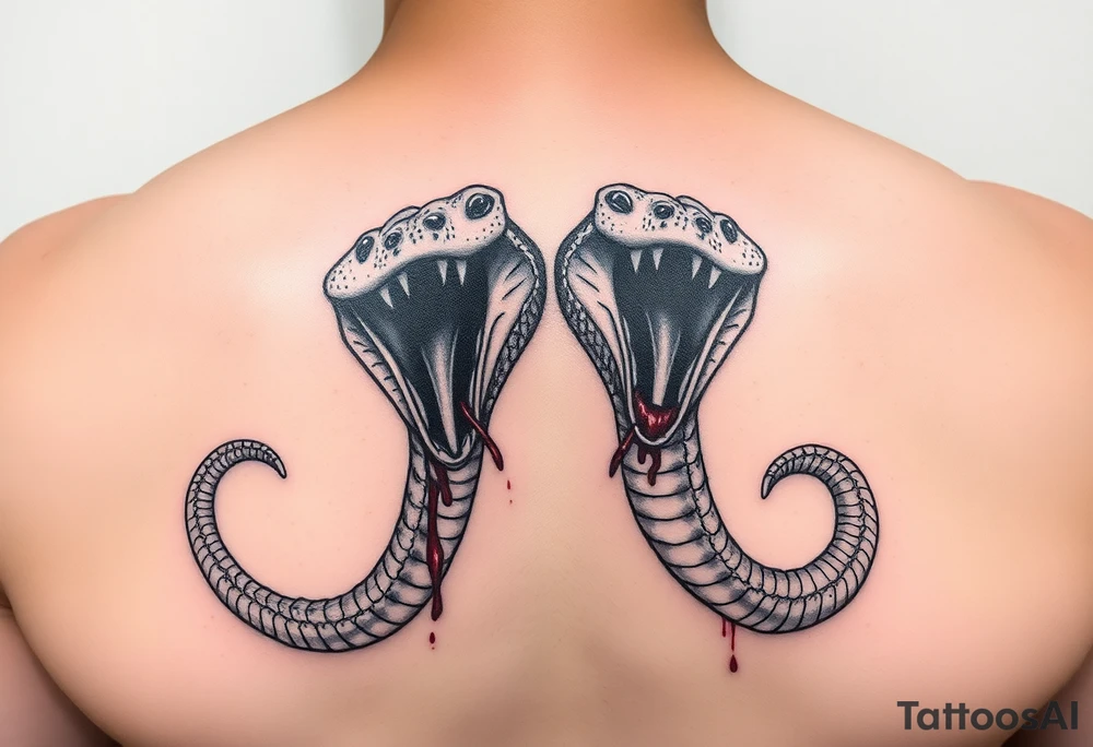 A 2 Headed snake 1 dominate 1 and the other bigger and scarier both heads giant fangs out 1 head pulling away so hard there’s blood on the neck where the 2 heads split its 2 fierce baby cobra heads tattoo idea