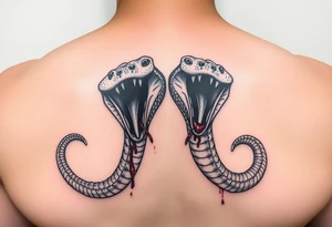 A 2 Headed snake 1 dominate 1 and the other bigger and scarier both heads giant fangs out 1 head pulling away so hard there’s blood on the neck where the 2 heads split its 2 fierce baby cobra heads tattoo idea