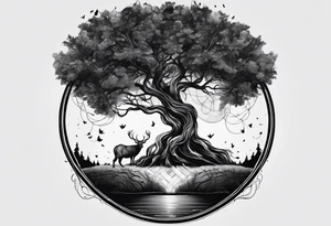 Andrea Rogge art tattoo, where two people are the roots and overflow into a tree, round tattoo tattoo idea