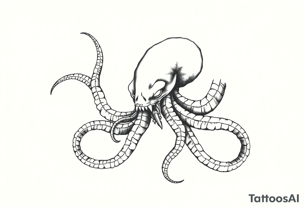 A minimalist blackwork tattoo design of an evil kraken The kraken is viewed from a 45-degree angle facing left, with its head centered. tattoo idea