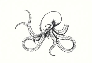 A minimalist blackwork tattoo design of an evil kraken The kraken is viewed from a 45-degree angle facing left, with its head centered. tattoo idea