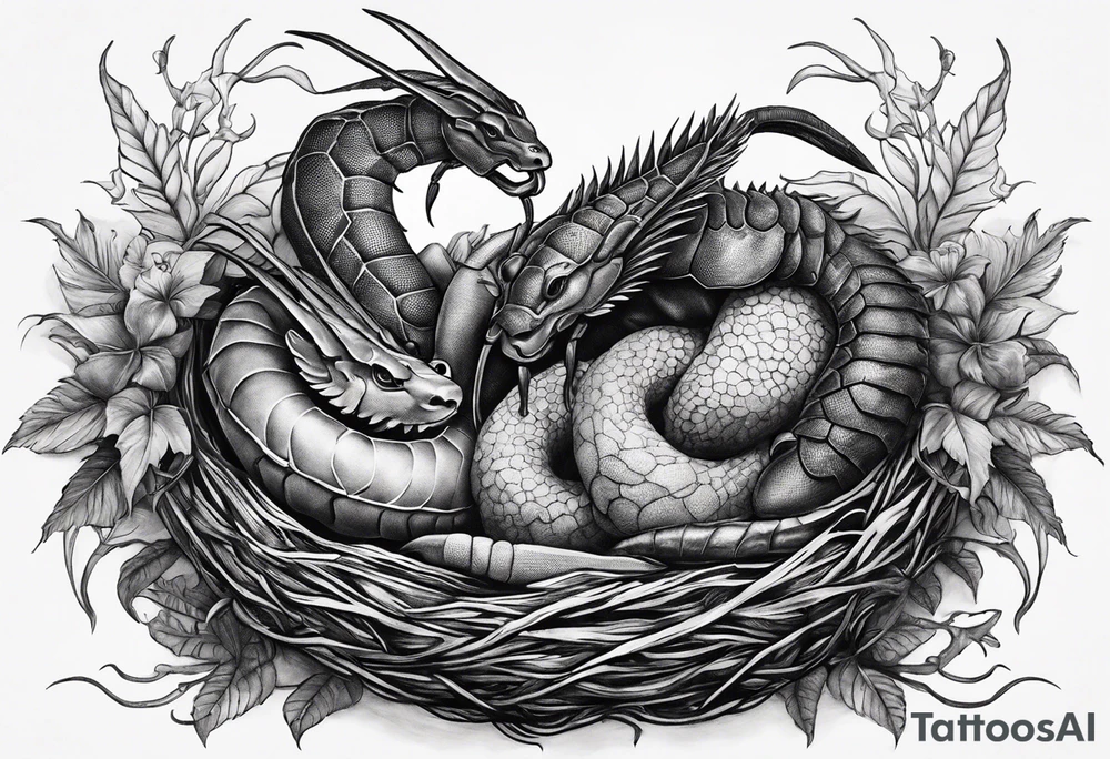 Two pisces and a Capricorn in a nest with a giant scorpion looking over them from above tattoo idea