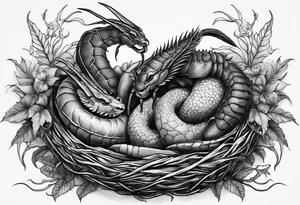 Two pisces and a Capricorn in a nest with a giant scorpion looking over them from above tattoo idea
