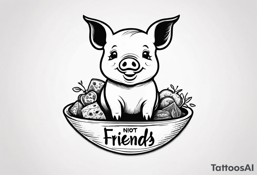 cute pig or piglet.
with text: "friends not food" tattoo idea cute pig or piglet.
with text: "friends not food" tattoo idea