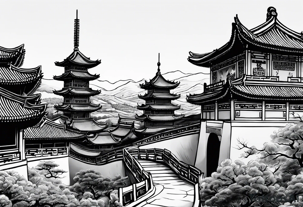 Chinese wall, realistic,chinese art, surroundings wall tattoo idea