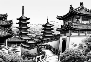 Chinese wall, realistic,chinese art, surroundings wall tattoo idea