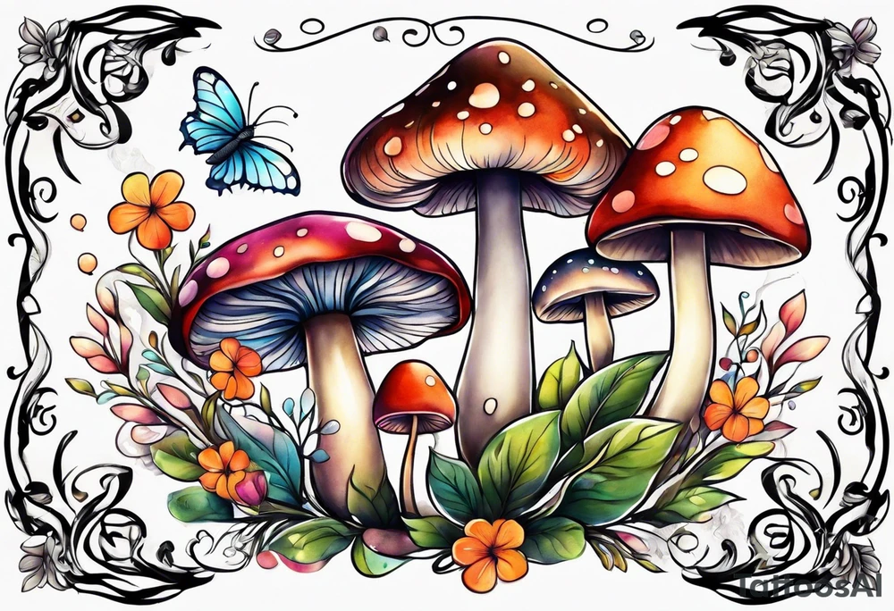 Flower and mushroom pattern tattoo idea