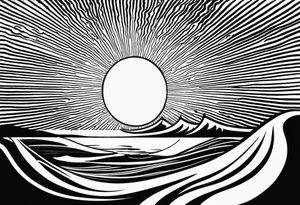 Hawaian beach with a big sun and many small waves, only black and white. The shape should BE a surfvoard tattoo idea