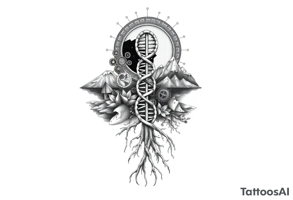 Full sleeve tattoo design for a left arm, vertical composition. A surreal blend of Southern California landscapes including desert dunes, snow-capped mountains, and ocean waves. The landscapes are integrated into a 3D geometric and biomechanical framework with gears, droid-like metallic components, and Matrix-style digital rain. In the center, a double helix DNA strand transitions into tree roots. Style: Alex Grey visionary art meets TOOL aesthetic. High contrast black and grey with subtle glowing amber highlights. Hyper-realistic, 8k, white background tattoo idea