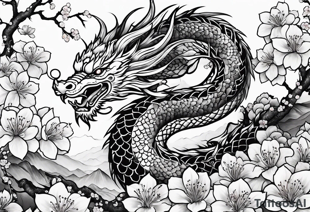 Japanese dragon, cherry blossoms, full sleeve tattoo idea