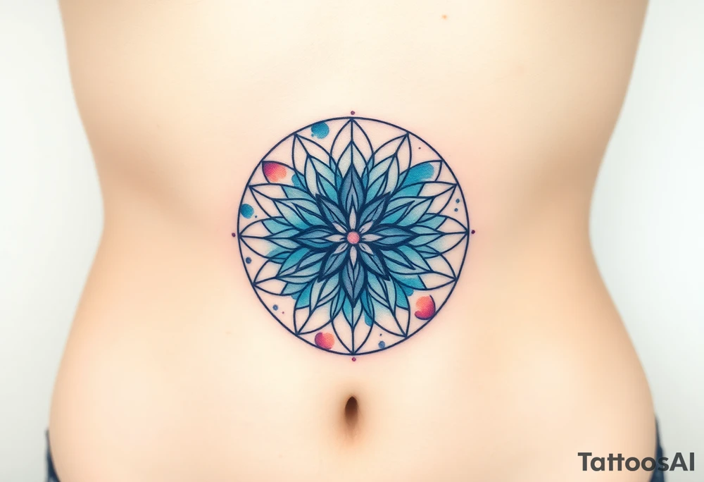 A floating Flower of Life with a glowing aura in round cyrcle, appearing as if suspended in space tattoo idea