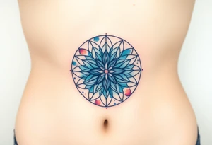 A floating Flower of Life with a glowing aura in round cyrcle, appearing as if suspended in space tattoo idea