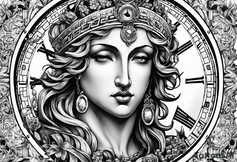 Greek god, clock, rosary tattoo idea