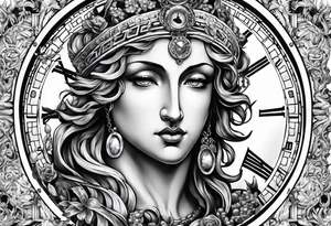 Greek god, clock, rosary tattoo idea