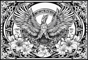 Woman's sleeve tattoo, tribal, bohemian, negative lace, ancient symbolism with Phoenix rising, mandala sun, beautiful flowers, lilies tattoo idea