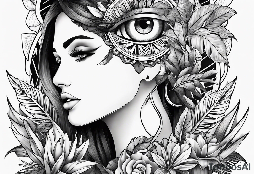 sleeve tattoo with all-seeing eye and jungle plants tattoo idea