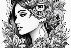 sleeve tattoo with all-seeing eye and jungle plants tattoo idea