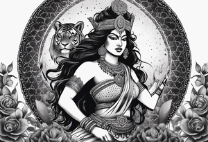 kali, durga goddess, riding a tiger, pirate, pachamama, rebel, chest tatoo, lotus, piarte tattoo idea