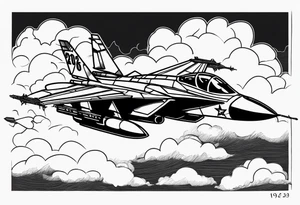 Fighter jet in the clouds with the date 09-07-2023 tattoo idea