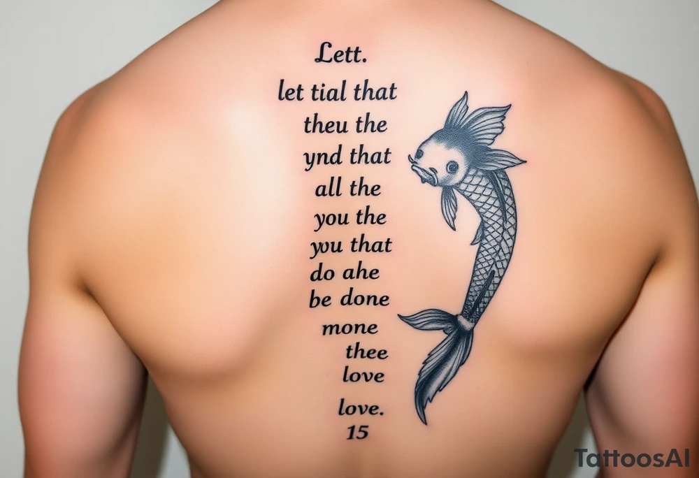 vertical verse going down the spine that says “ Let all that you do be done in love “ with two koi fish One on the Lower left of the verse and the other fish on the upper right of the verse tattoo idea