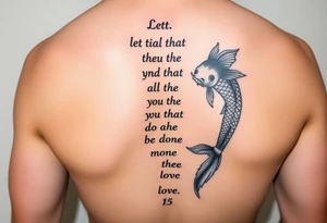 vertical verse going down the spine that says “ Let all that you do be done in love “ with two koi fish One on the Lower left of the verse and the other fish on the upper right of the verse tattoo idea