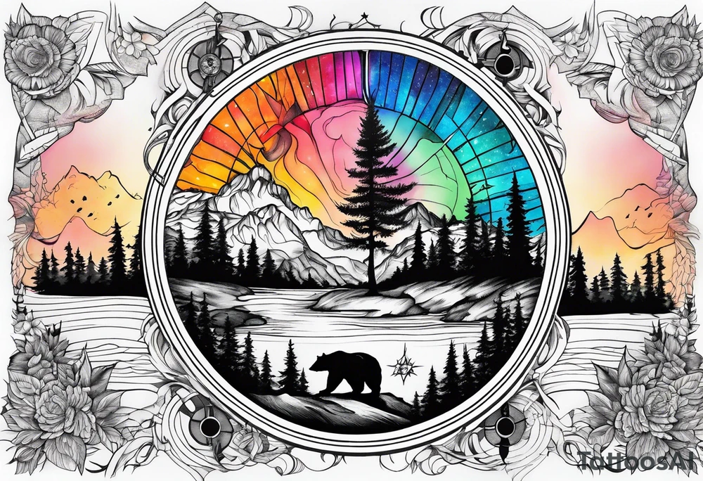 bear mountain trees river compass tattoo idea
