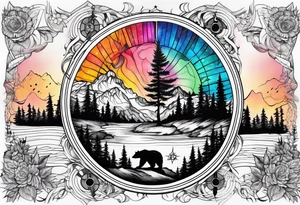 bear mountain trees river compass tattoo idea
