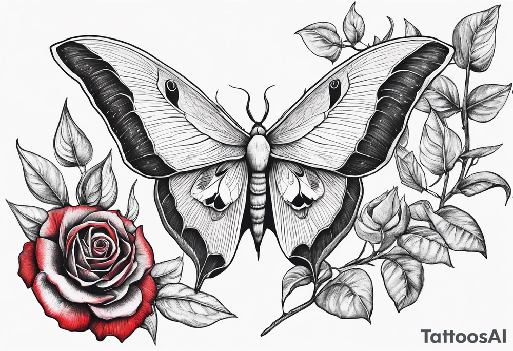 Luna moth with long tail 
three red roses behind and around the Luna 
moth tattoo idea