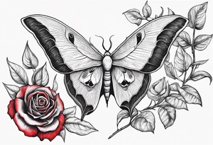 Luna moth with long tail 
three red roses behind and around the Luna 
moth tattoo idea