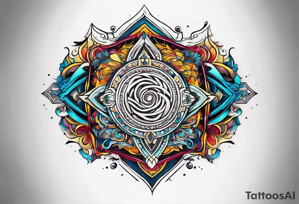 Bold geometric tapestry trident in colour on arm tattoo idea