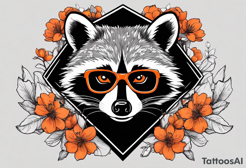 raccoon wearing a black and white Superman hoodie and orange Japanese cherry blossoms tattoo idea