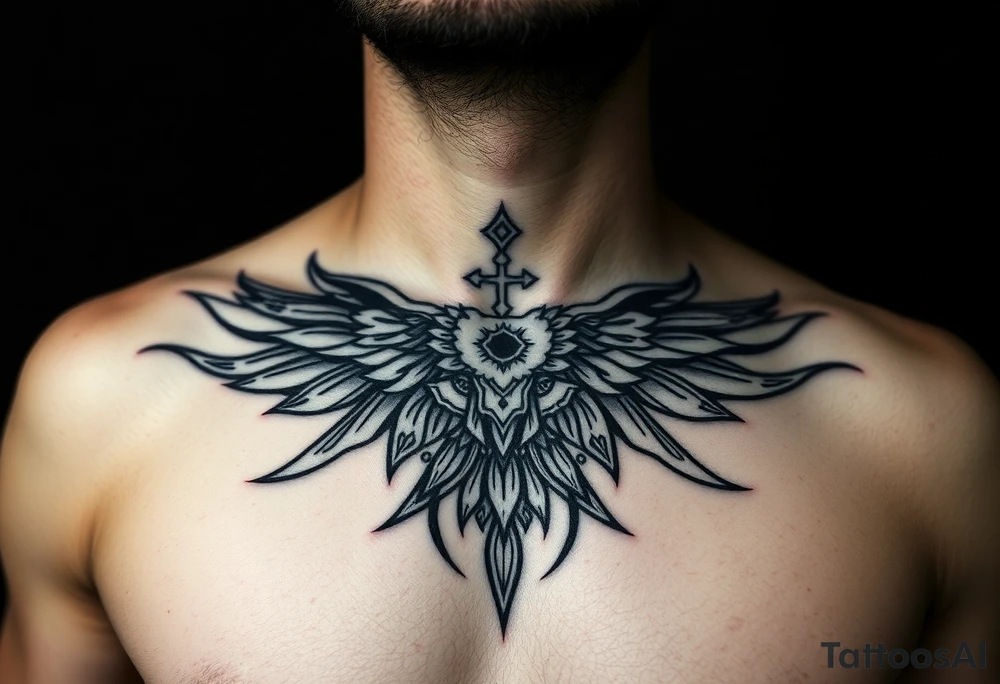 Symetrical upper chest tattoo, dark, animal icelandic symbols, bigest , chest tattoo tattoo idea