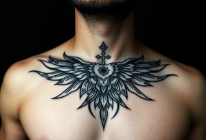 Symetrical upper chest tattoo, dark, animal icelandic symbols, bigest , chest tattoo tattoo idea