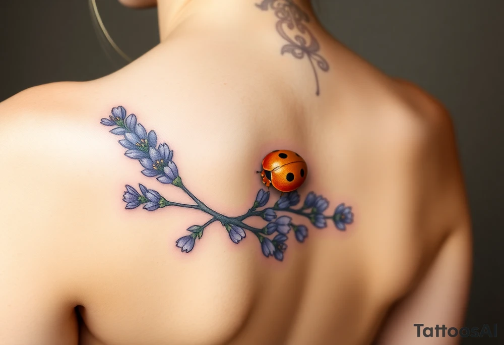 Dainty Golden ladybug on a lavender branch tattoo idea