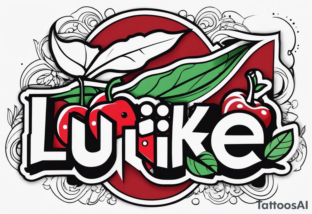 the name  “lukie” with dice to right and cherry to left tattoo idea