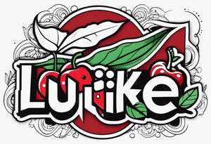 the name  “lukie” with dice to right and cherry to left tattoo idea