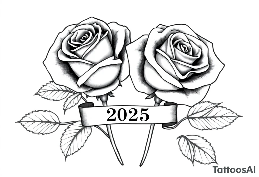 two beautiful large rose buds, one larger than the other, with lots and lots of leaves next to the rose buds, with one sitting slightly higher than the other, side-by-side.  Include a banner connecting the two roses with the year 2025 on it.   Use dark outlines with little shading. No stems tattoo idea