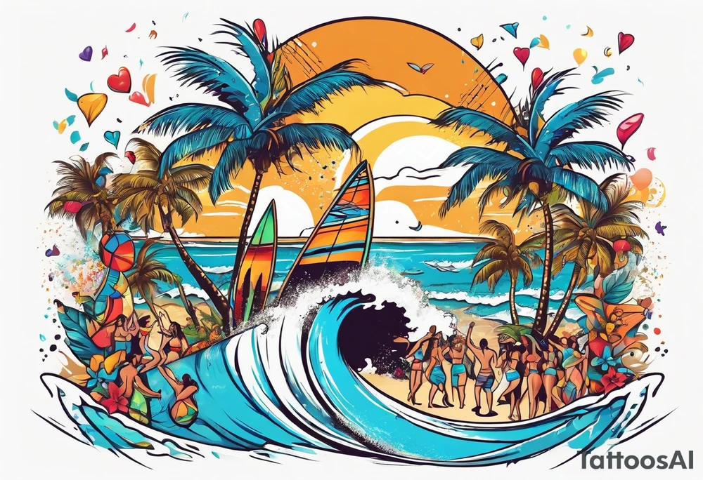 SURFING SAFARI BEACH DANCE 
PARTY WITH CONFETTI AND MUSIC NOTES, TROPICAL DRINKS, SEXY BIKINIS tattoo idea