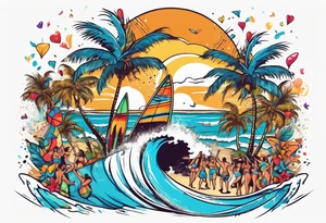 SURFING SAFARI BEACH DANCE 
PARTY WITH CONFETTI AND MUSIC NOTES, TROPICAL DRINKS, SEXY BIKINIS tattoo idea