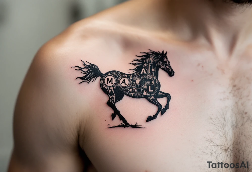 horse silhouette 
from the front which gallops from the front, with the 3 small letters discreetly integrated: M, A, L tattoo idea