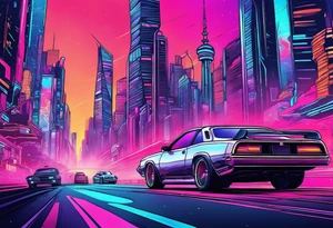 Synthwave cityscape with future cars tattoo idea