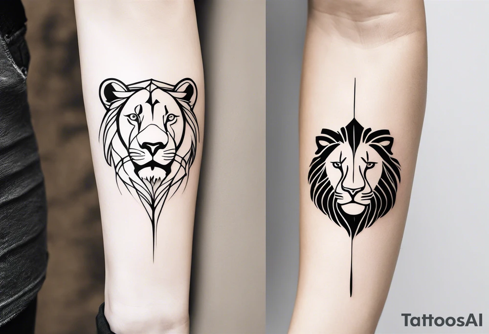 Minimalist black and white tattoo design for the calf featuring a lion, lioness, and lion cub. The lion faces upward towards the sky, looking in the opposite direction of the lioness. The lion cub is positioned below them, looking up. The design has a feminine touch with simple lines and elegant curves, focusing on the emotional connection between the three animals. tattoo idea