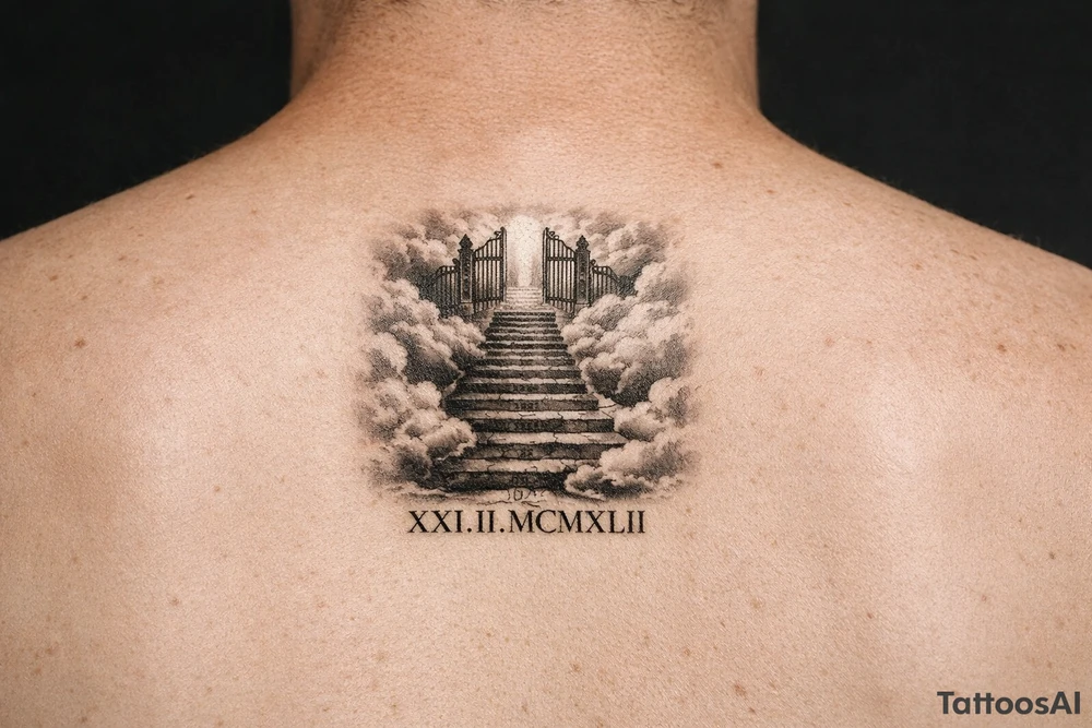 Stairway to heaven, with clouds surrounding the stairs, and the gate being at the top. A date, below the stairs, in Roman numerals 21.02.1942. The tattoo is going on the forearm, but the outside part. Also, it should be realistic, and through the whole forearm. tattoo idea