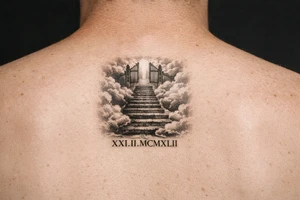 Stairway to heaven, with clouds surrounding the stairs, and the gate being at the top. A date, below the stairs, in Roman numerals 21.02.1942. The tattoo is going on the forearm, but the outside part. Also, it should be realistic, and through the whole forearm. tattoo idea