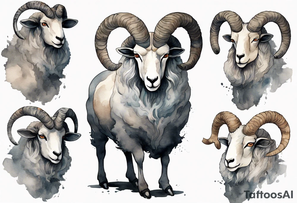 a large man wearing a grey tunic with the head of a big horned sheep tattoo idea