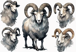 a large man wearing a grey tunic with the head of a big horned sheep tattoo idea
