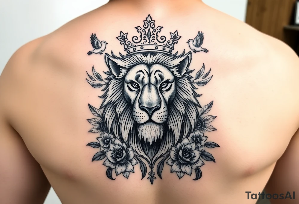powerful majestic lion with a crown, surrounded by floral ornaments and birds tattoo idea