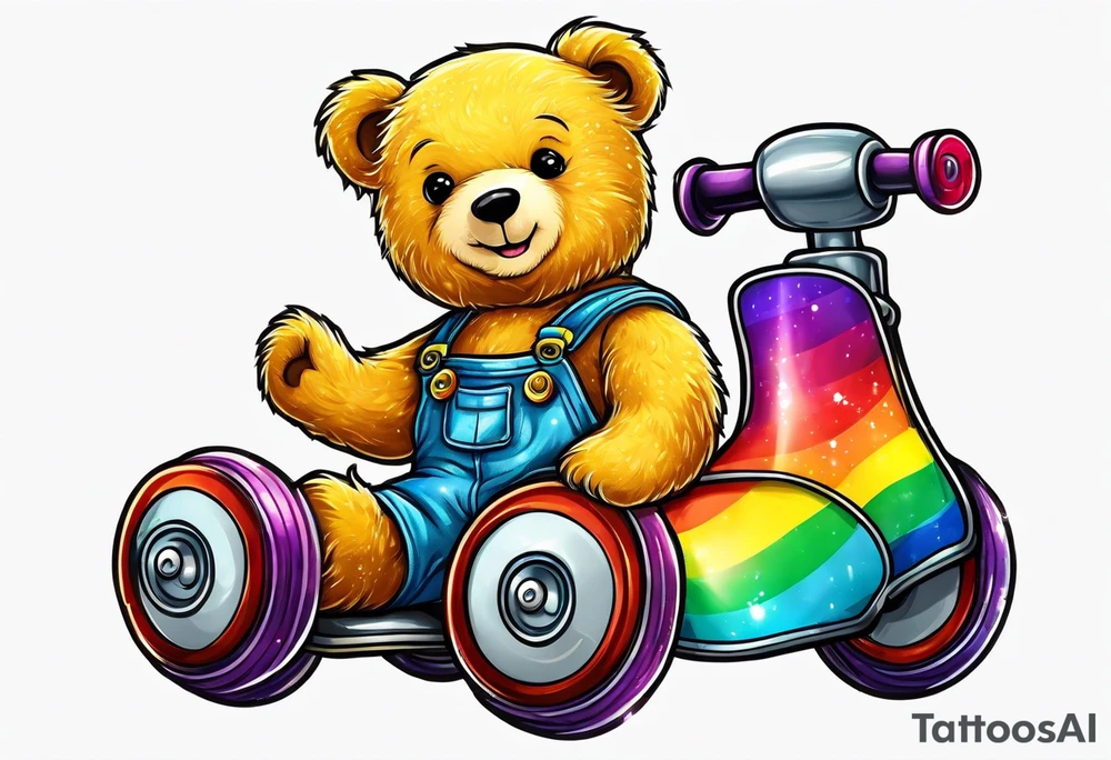 A rollerskating teddy bear in yellow overalls and rainbow skates tattoo idea